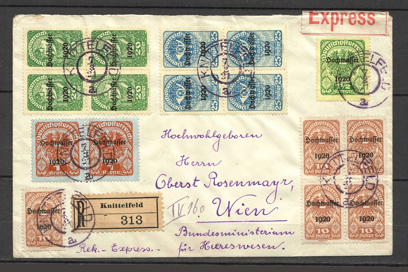 1921 Austria registered express multi blocks franking cover to Vienna ...