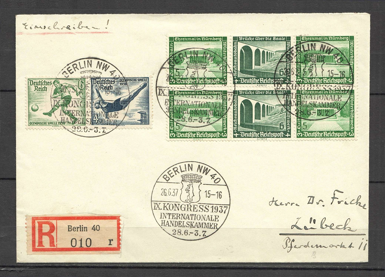 1937 Third Reich registered cover with together prints and postmark ...