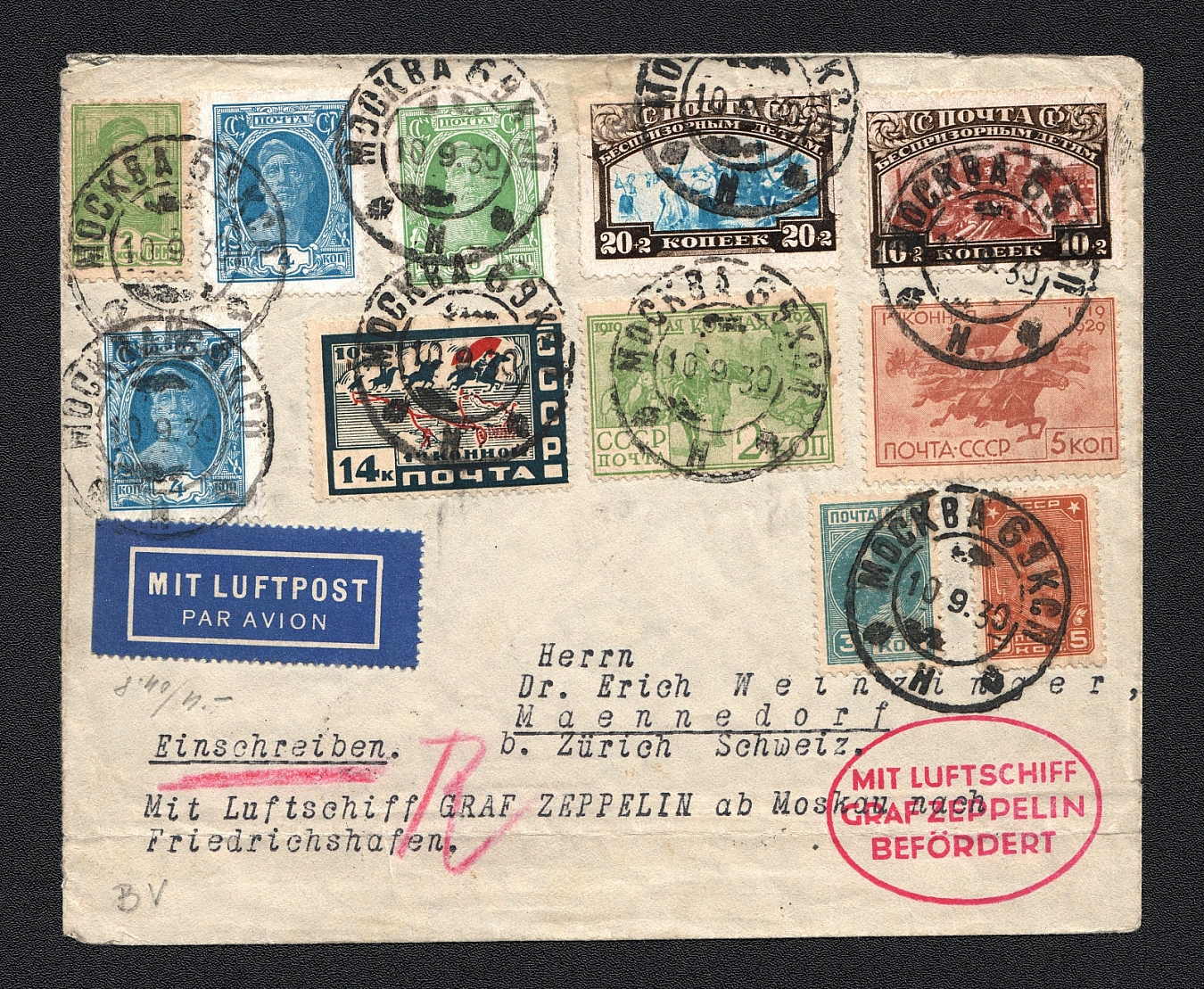 1930 Airmail GRAF ZEPPELIN cover from Moscow 9.10.30 via ...