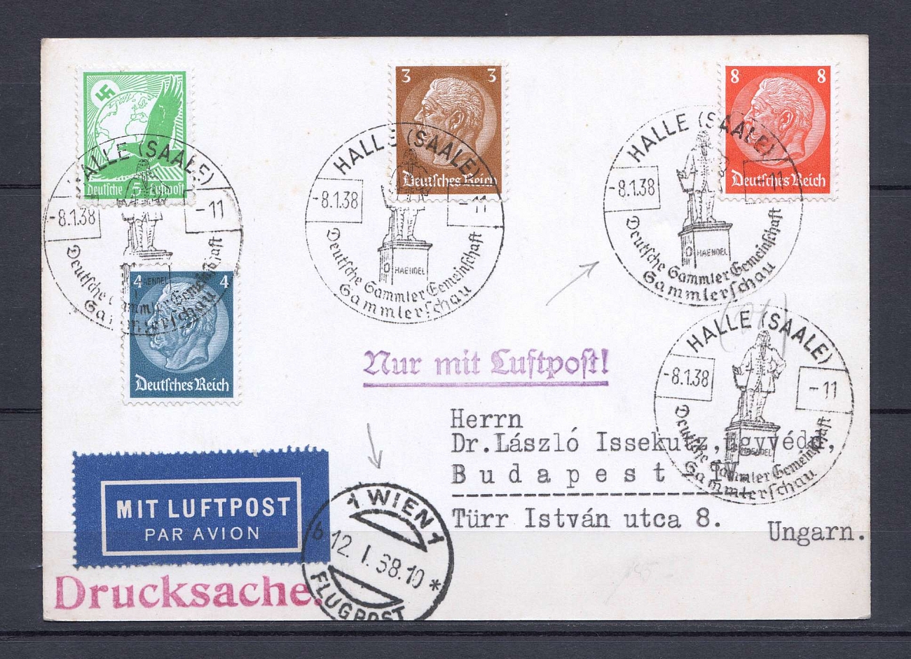 1938 Third Reich airmail cover Hale -through Vienna - Budapest with ...