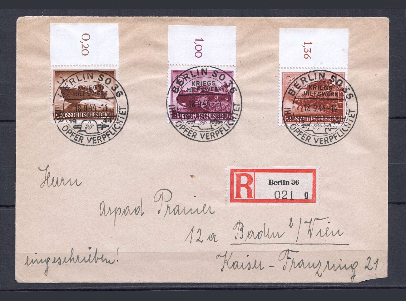 1944 Third Reich registered cover with special postmark Berlin war ...