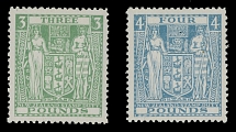 British Commonwealth - New Zealand - Postal Fiscal stamps - 1952, Coat of Arms, £3 light green and £4 light blue, two values with inverted watermark Multiple Star and NZ, full OG, VLH, VF, SG #F208w, F210, C.v. £600 as never …