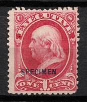 1875 1c Franklin, Special Printing 'Specimen' on Official Mail Stamp 'Executive', United States, USA (Scott O10S, Carmine, Blue Overprint, CV $30)