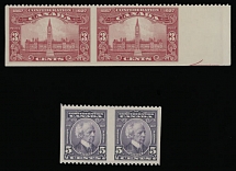 Canada - 60th Anniversary of the Confederation - 1927, Parliament Building 3c carmine and Sir Wilfrid Laurier 5c violet, two horizontal pairs imperforate vertically, first one with right margin and a part of the arrow, full OG, …