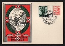 1938 (20 Apr) 'Birthday of Chancellor Hitler', Propaganda Postcard from Braunau franked with 6Rrpf and 3gr Austria, Third Reich Nazi Germany (Commemorative Cancellation)