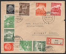 1941 (25 Jan) Third Reich, Germany, Registered cover from Brux to Honnef franked with Mi. 751, 755, 756, S 258, 512, 517
