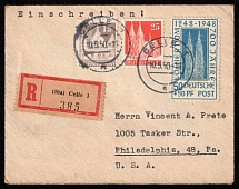 1950 (10 May) British and American Zones of Occupation, Germany, Registered Cover from Celle to Philadelphia franked with 15pf, 25pf and 50pf (Mi. 72, 82 and 87, CV $40)