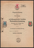 1919 The Agenda of the 86th Session of the German Constituent National Assembly, Oath of the Reich President, Weimar Republic, Germany franked with 10pf, 15pf and 25pf (Mi. 107 - 109)
