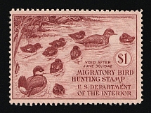 1941 $1 Duck Hunt Permit Stamp, United States (Sc. RW-8, CV $230, MNH)