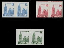 Canada - Modern Errors and Varieties - 1978-79, Parliament, 12c blue, 14c red and 17c green, three horizontal imperforate pairs of coil stamps, 14c with miscut showing part of adjoining stamps at top, full OG, NH, VF, C.v. $460, …