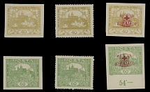 The One Man Collection of Czechoslovakia - Semi - Postal issues - Red Cross issue - 1920, Hradcany, 40h bister and 60 green, imperforate and perforated unissued values and imperforate set with Red Cross surcharge, 40h+20h and …