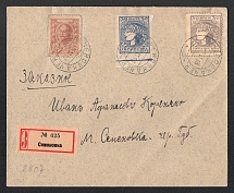 1918 (10 Nov) Ukraine, Russian Civil War registered cover from Semenovka, total franked 15 k Money-stamp (Russian Empire) 30 Sh, and RARE Grey-Blue Money-stamp