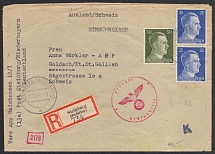 1944 (5 Dec) Third Reich, Germany, Registered cover from Steinburg to St. Gallen (Switzerland) franked with Mi. 793 - 794 (CV $70)