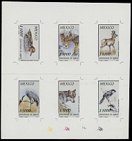 Mexico - 1991, Endangered Species, 1000r multicolored, reconstructed (top and bottom parts joined together) composite proof sheetlet of six, printed on thick glazed paper, control angles at corners, each stamp with black …