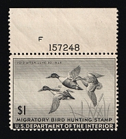 1945 $1 Duck Hunt Permit Stamp, United States (Sc. RW-12, Plate Number, CV $50, MNH)