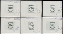 Worldwide Air Post Stamps and Postal History - Soviet Union - 1977, History of Aviation, 4k-20k, complete set of six die proofs in gray black, artist E. Aniskin, engravers M. Silyanova and V. Smirnov, approximate size 120x100mm, …