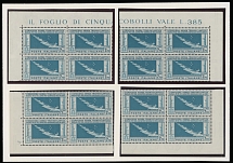 Worldwide Air Post Stamps and Postal History - Italy - 1930, Trans-Atlantic Squadron, 7.70L deep blue and gray, four corner sheet margin blocks of four from each corner of a complete sheet of 50, absolutely gorgeous unit, full …