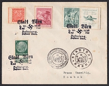 1938 (Oct 9) Letter with Czech stamps and postmark BARN (Beroun). Addressed to HOMBOK. Occupation of Sudetenland, Germany