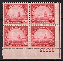 1922 20c Golden Gate, Regular Issue, United States, USA, Corner Block of Four (Scott 567, Plate Number '20538', CV $70, MNH/MH)
