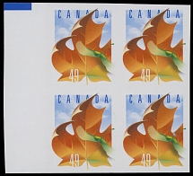 Canada - Modern Errors and Varieties - 2003, Maple Leaves, 49c multicolored, self-adhesive coil stamps in left sheet margin block of four (two uncut vertical pairs) with a part of control marking in blue, die cutting omitted, …
