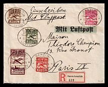 1924 (11 Aug) Danzig, Germany, Registered Airmail Cover from Danzig to Paris (Mi. 202 - 206, Full Set, CV $250)