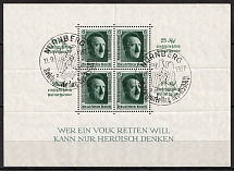 1937 Third Reich, Germany, Souvenir Sheet (Mi. Bl. 11, Special Cancellation NUREMBERG, CV $80)