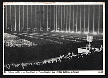 1938 (12 Sep) 'The Leader Speaks at the Roll Call on the Zeppelin Meadow in Front of 180,000 Political Leaders', Nuremberg Rally, Nazi Germany, Third Reich Propaganda, Commemorative Postmark 'Party Conference of Greater Germany', Postcard from Nuremberg