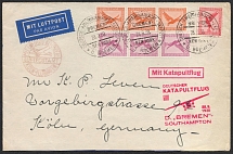 1930 (28 Sep) Weimar Republic, Germany, Catapult Airmail cover from Bremen franked with Mi. 379, 379 A, 381 (Special Cancellations, CV $110)