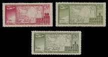 Russian Air Post Stamps and Covers - 1932, International Polar Year, 50k carmine, perforation 12½ and two of 1r green, perforation 10½ and 12½, full OG with minimal waves on 1r (12½), NH, VF, C.v. $390, Scott #C34-35, C35a…