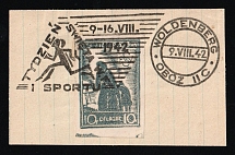 1942 (9 Aug) 10f 'Week of Holidays and Sport' Woldenberg, Poland, POCZTA OB.OF.IIC, WWII Camp Post (Fi. II b x2, on piece, Signed, Commemorative Cancellation, CV $540)