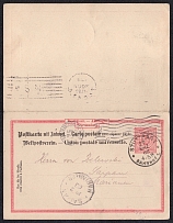 1902 Germany Double Postcard With the Paid Answer, Around the World Trip from Stuttgart to Saipan (Mariana Islands) then to Sydney via Sanfrancisco to Trebsen
