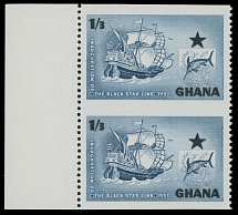 British Commonwealth - Ghana - 1957, Viking Ship and Angel Fish, 1s3p deep blue, left sheet margin vertical pair, imperforate horizontally, full OG, NH, VF and rare, SG #183a, £650, Scott #15 var…
