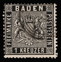 1860 1k Baden, German States, Germany (Mi 9, Canceled, CV $35)