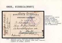 1917 Russian P.O.W. Postcard printed in Tara, Tobolsk for Use to Austria, from Tara, Tobolsk, Siberia to Vienna, Austria. OMSK Censorship: violet 2 line circle (34 mm) reading, outside to centre