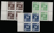 German Occupation of the World War II - Estonia - 1941, Numerals with Arms and Swastika, 15(k), 20(k) and 30(k), complete set of three, printed on chalk- surfaced paper, sheet margin blocks of four, full OG, NH, VF, Mi #1x-3x, …