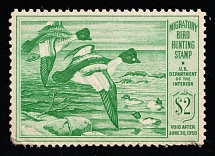 1949 $2 Duck Hunt Permit Stamp, United States (Sc. RW-16, CV $70, MNH)