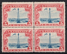 1928 5c Air Post Stamps, United States, USA, Block of Four (Scott C11, Full Set, CV $50, MNH/MLH)