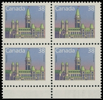 Canada - Modern Errors and Varieties - 1988, Parliament, 38c multicolored, design is printed on gum side, bottom sheet margin block of four, NH, VF, C.v. $360++, Unitrade C.v. CAD$500 as four singles, Scott #1165c…