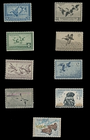 United States - Hunting Permit stamps - 1934-60, nine stamps, including No. RW1 (used), RW3 (hinged), RW4 (no gum), RW7 (hinged), RW23 and RW27 - used, three others are hinged (counted as no gum), F/VF centering, C.v. $510, Scott …