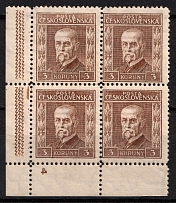 1925-26 3kr Czechoslovakia, Block of Four (Mi. 226 Y, Corner Margin, Plate Number, CV $90)