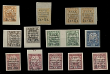Russian Semi-Postal Issues - 1924, Leningrad Flood issue, group of 14 values, including two pairs, color shades of 3k+10k and 7k+20k on thin or ordinary paper; stamps of 20k+50k on ordinary (shades) or chalk-surfaced paper, plus …