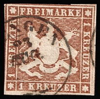 1857 1k Wurttemberg, German States, Germany (Mi 6c, Signed, Canceled, CV $540)