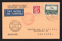 1933 (2 Jun) Belgium, Airmail postcard from Brussels to Cologne (Germany) with red Cologne airmail handstamp