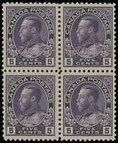 Canada - King George V ''Admiral'' issue - 1922, 5c violet, wet printing, perfectly centered block of four, full OG, NH, VF, C.v. $440++, Unitrade C.v. CAD$720 as singles, Scott #112…