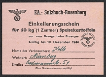 1944 Storage Certificate for 50 kg of Potatoes only for Reference to the Producer, Nuremberg, Nazi Germany