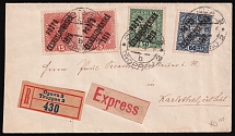 19_ Czechoslovakia, Registered express cover from Opava to Karlovice (Karlsthal) total franked with 1kr 40h (1919, Mi. 46 - 47, 63)