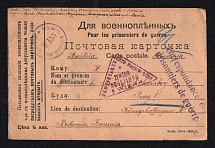 1915 Russian Empire, Russia, Censored POW postcard from Murom to Prague with three censor handstamp