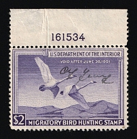 1950 $2 Duck Hunt Permit Stamp, United States (Sc. RW-17, Plate Number, CV $90, MNH)