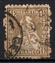 1862-81 1F Switzerland (CV $130, Canceled)