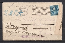 Letter to Russia from the United States. Dispatch from Novonikolaevsk to Petrograd. Postmark of the Petrograd Service Department. Censorship